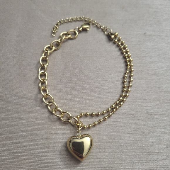 Jewelry - Mixed media chain heart mismatch asymmetrical gold stainless steel bracelet